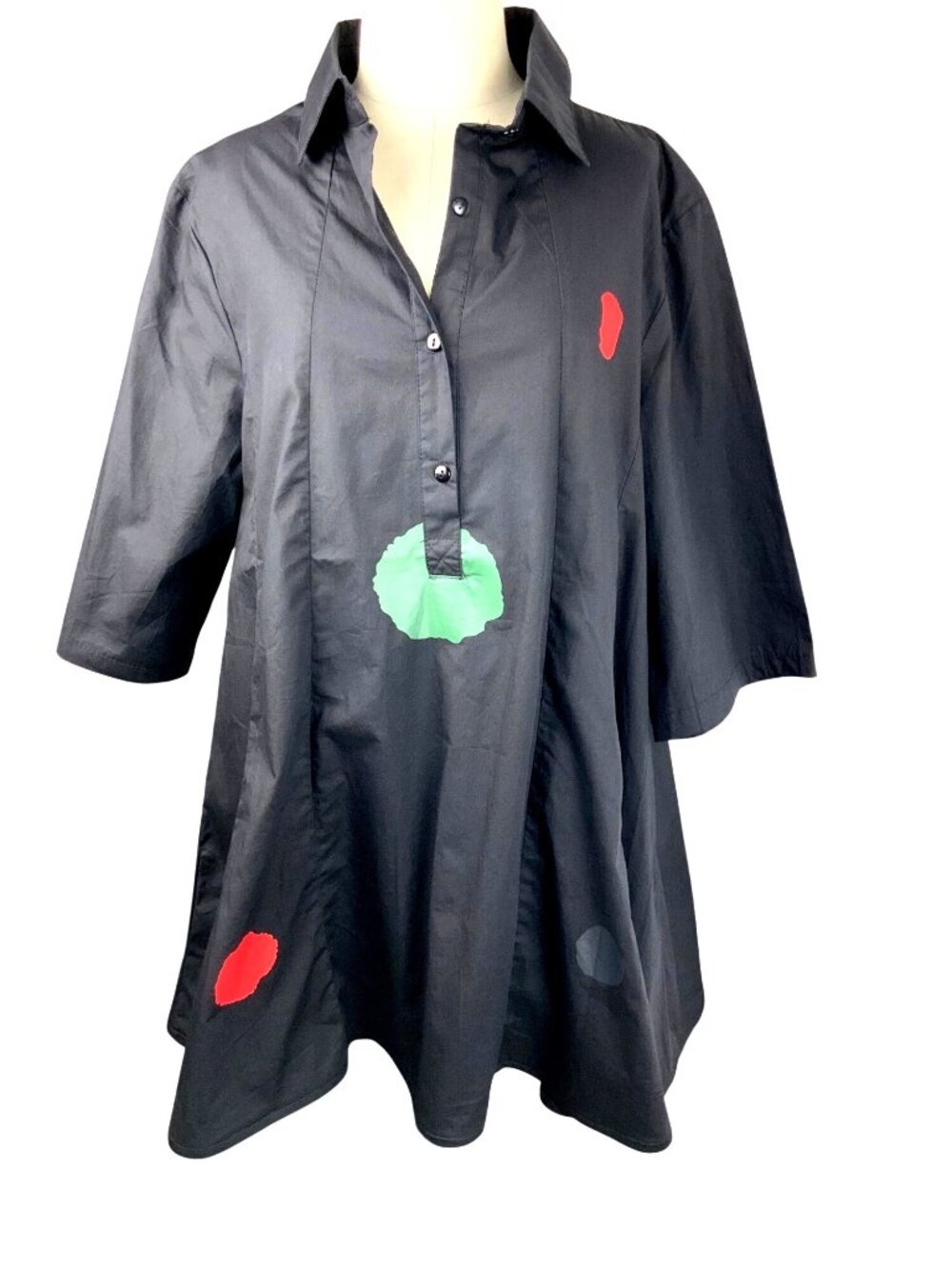 Abstract Oversized Black Button-Up Tunic Shirt With Bright Multicolor Art Print